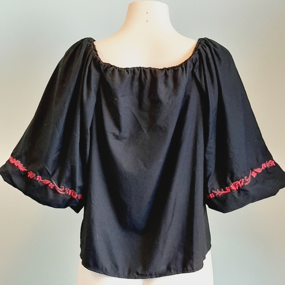 🅱️🅾️G🅾️ Zara red floral embroidery black cotton blouse - Picture 4 of 6